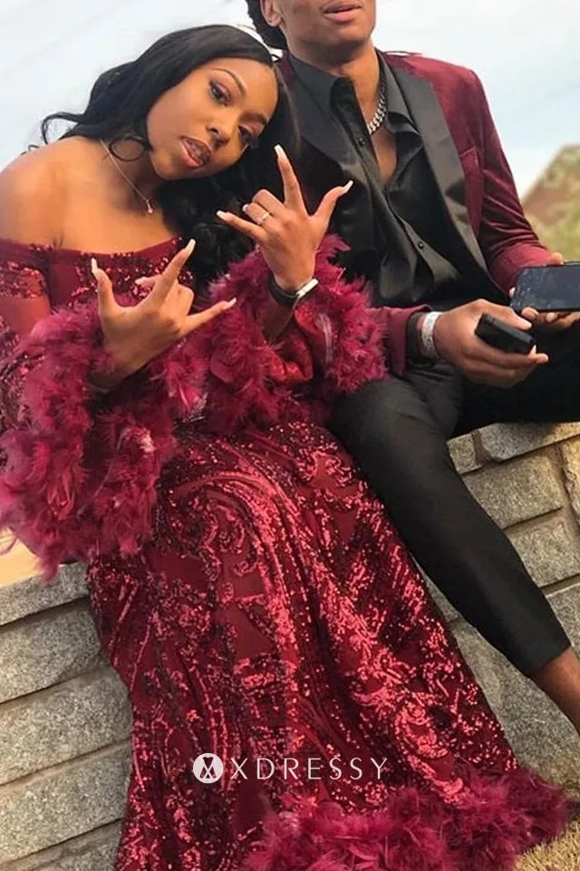 mermaid wine sequin feather off the shoulder prom dress mermaid wine sequin feather off the shoulder prom dress