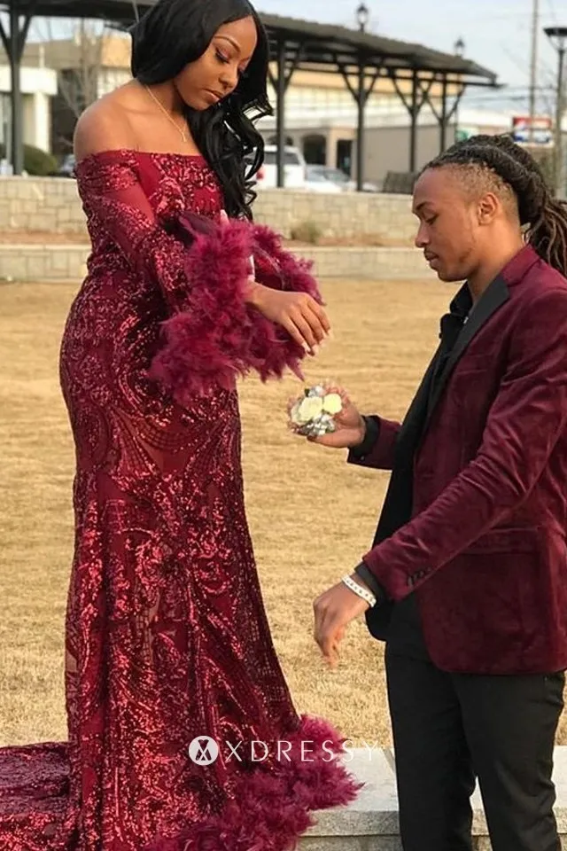 off the shoulder wine sequin feather prom dress off the shoulder wine sequin feather prom dress