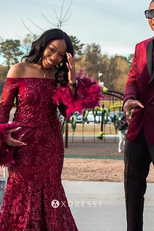 sparkly wine sequin feather off the shoulder prom dress sparkly wine sequin feather off the shoulder prom dress