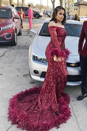 wine sequin feather off the shoulder prom dress