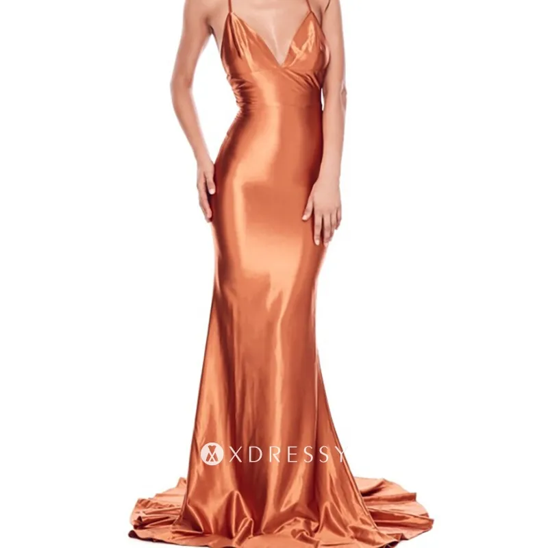V neck spaghetti straps shiny golden rust satin prom dress with long train V neck spaghetti straps shiny golden rust satin prom dress with long train