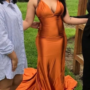 shiny golden rust satin prom dress with long train