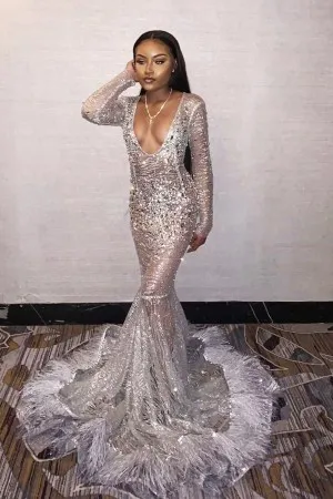 Silver Glitter Lace Long Train Feather 