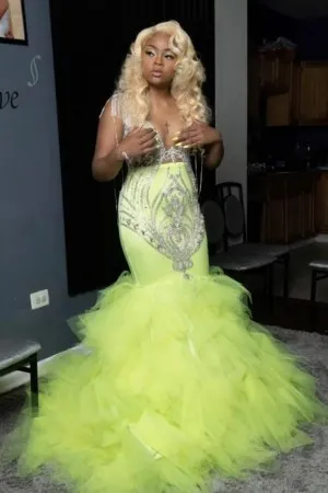 silver sequin lemon green tiered tulle prom dress