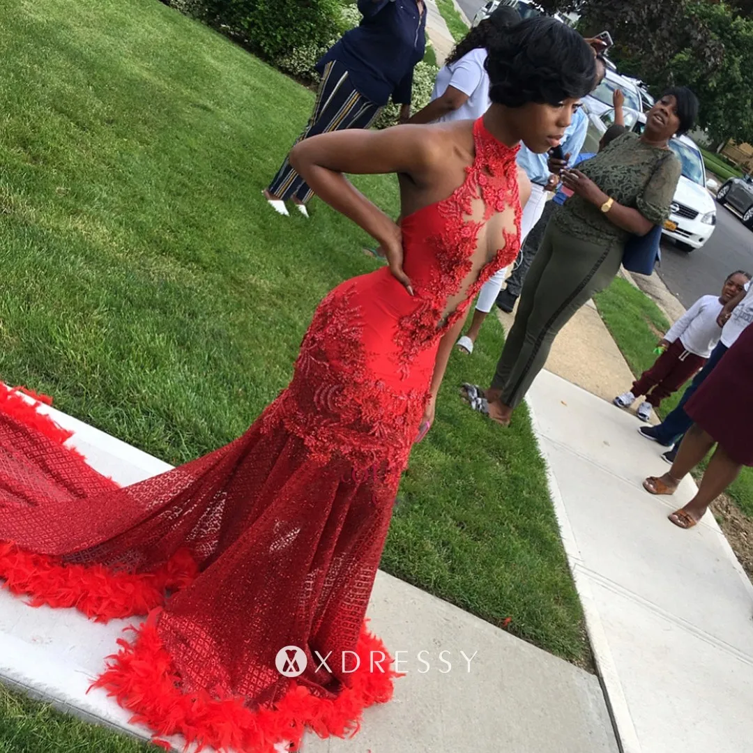 red lace feather halter sexy gown