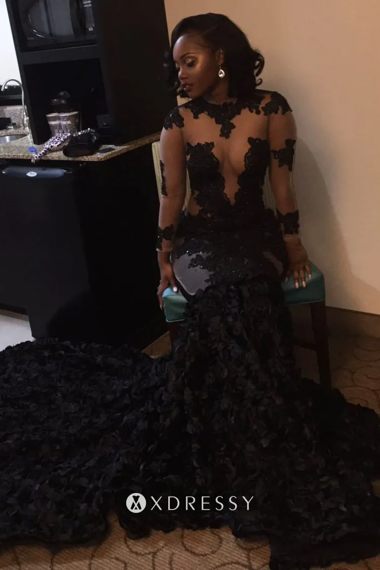 black lace 3D rose sheer mermaid prom dress