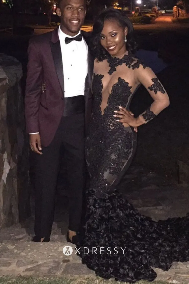 sheer black lace 3D rose mermaid prom dress