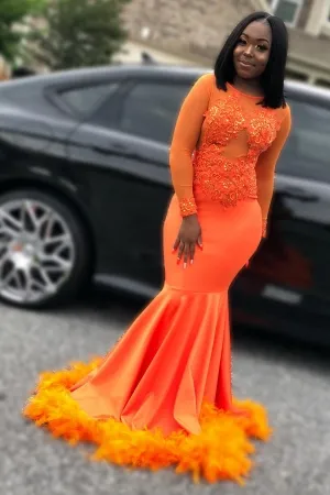 orange beaded lace satin feather mermaid prom gown