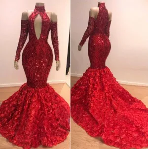 red sequin 3D rose long train mermaid prom dress
