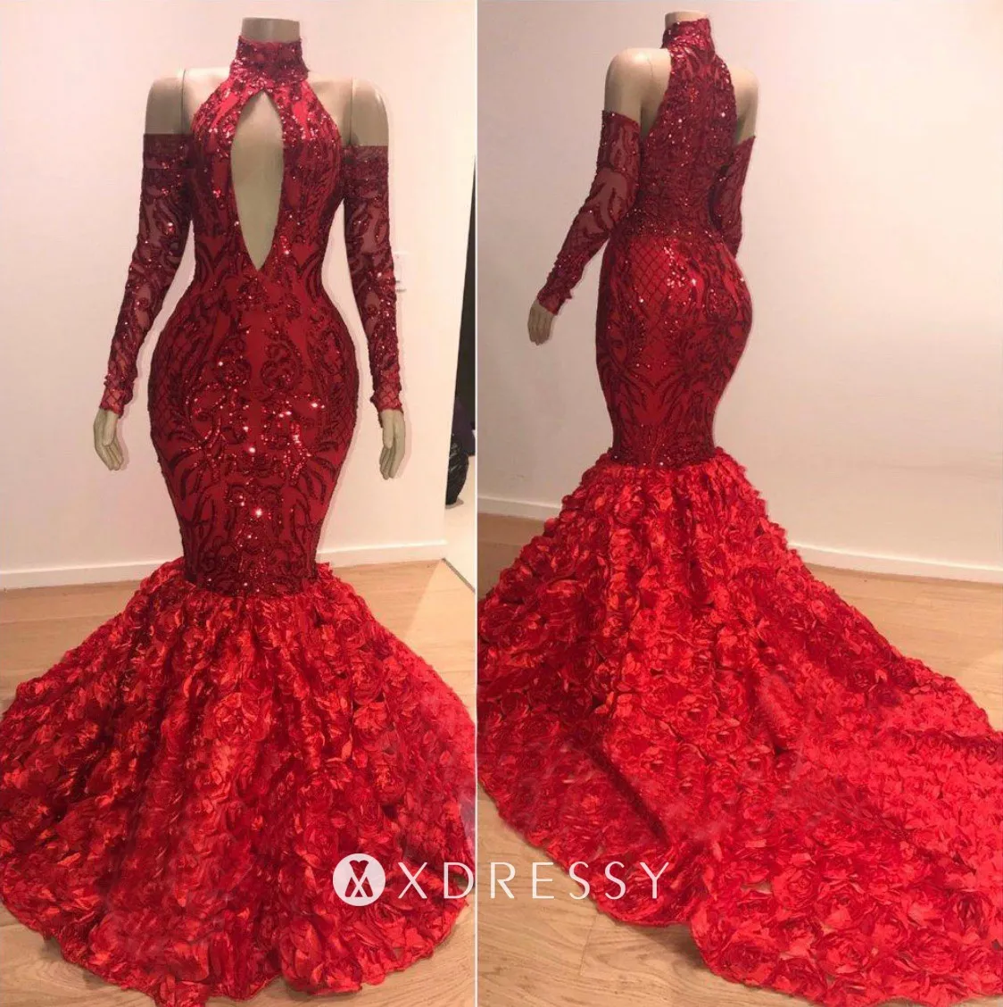red sequin 3D rose long train mermaid prom dress