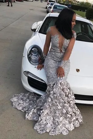silver illusion lace 3D rose long train prom dress