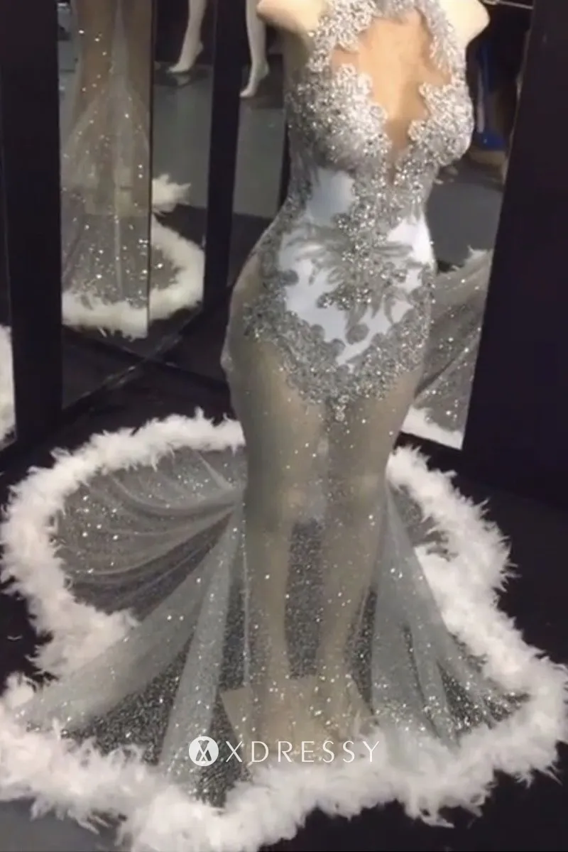 beaded lace glitter sheer tulle feather prom dress