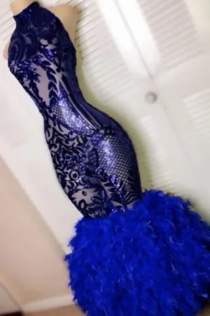 high neck cobalt blue sequin feather prom dress