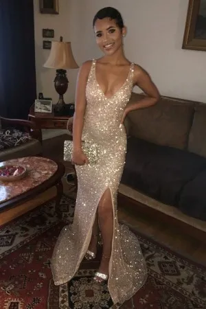 sparkly nude sequin V neck split mermaid prom gown