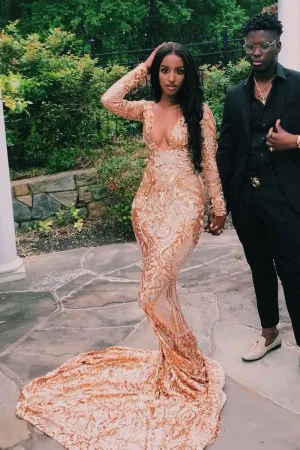 gold sequin sleeved long train mermaid prom dress