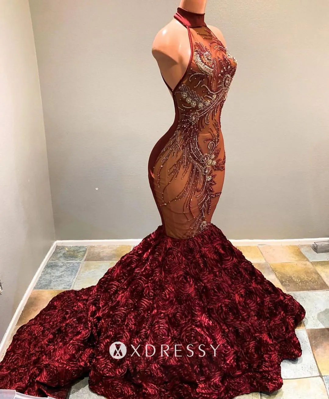beaded maroon mermaid 3D rose long train prom gown beaded maroon mermaid 3D rose long train prom gown