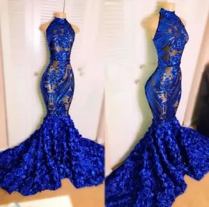 sheer royal blue sequin 3D rose mermaid prom dress