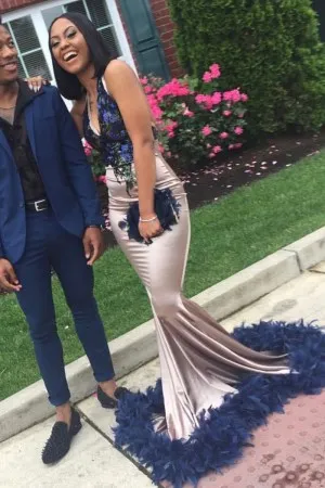 navy blue sequin feather satin mermaid prom dress