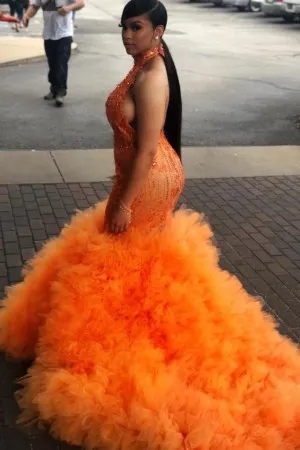 beaded orange mermaid ruffled long train prom gown