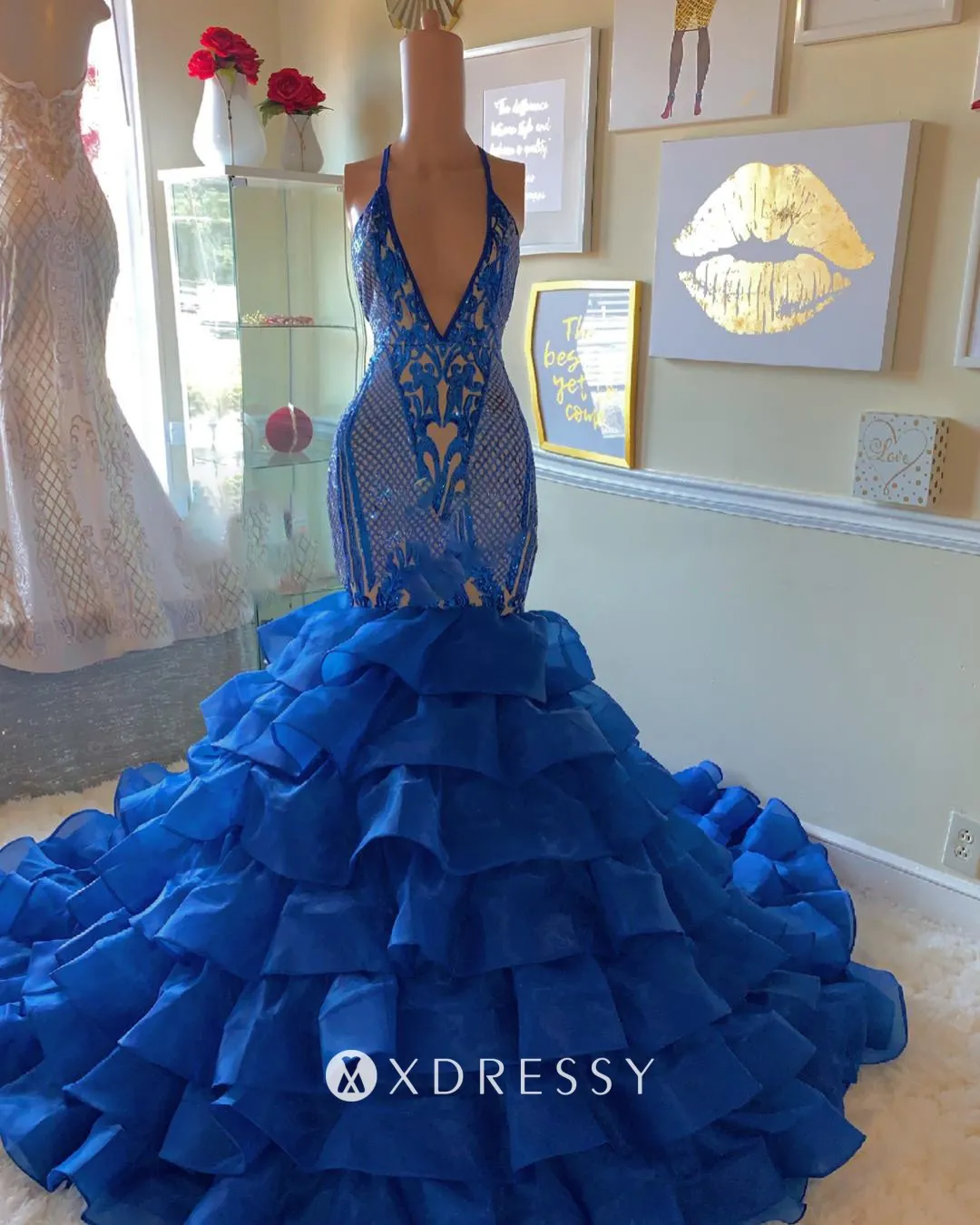 halter V neck royal blue sequin tiered ruffled organza prom gown