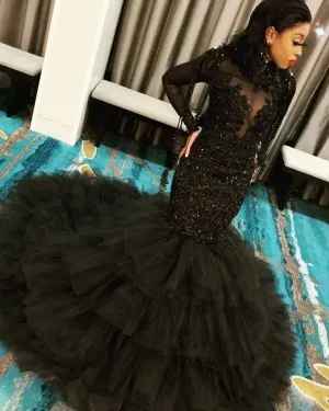 tiered tulle black lace sleeved trumpet prom dress