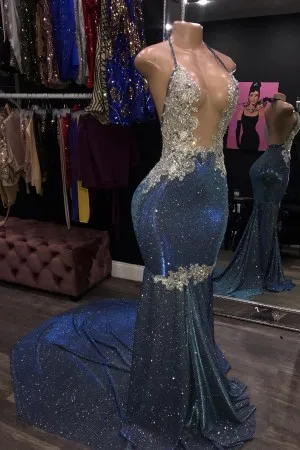 Shimmering space blue glitter prom dress with beaded silver lace appliqued
