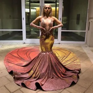 shiny brick glitter trumpet long train prom dress