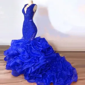 royal blue lace ruffled organza mermaid prom dress