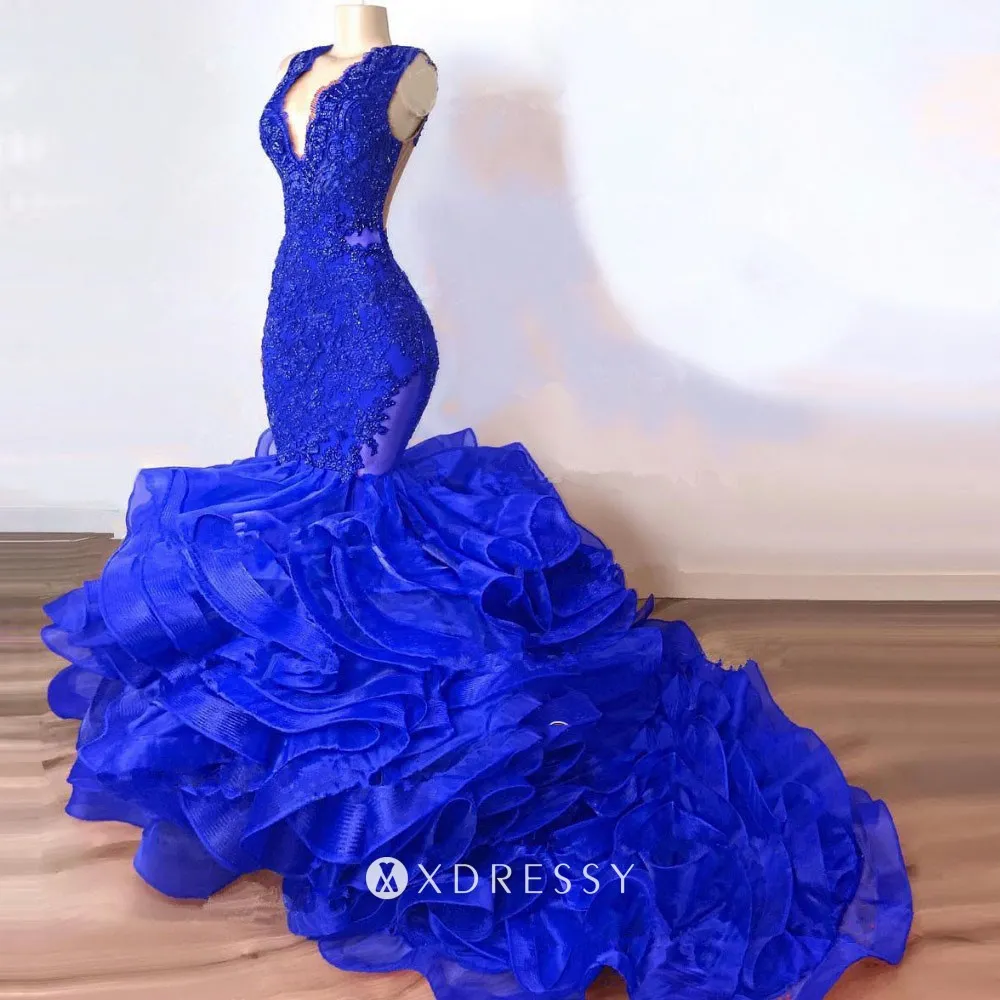 Royal Blue Lace Ruffled Organza Mermaid Prom Dress Xdressy