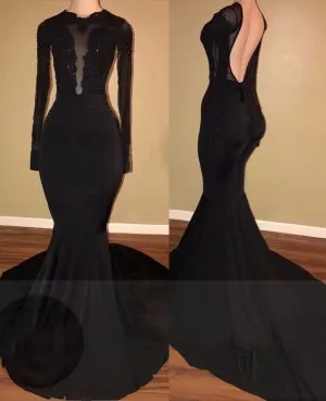 long sleeve black lace spandex mermaid prom dress