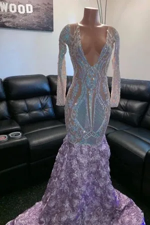 plunging V neck sequin 3D rose trumpet prom gown