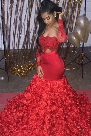 red lace 3D rose two piece trumpet prom dress