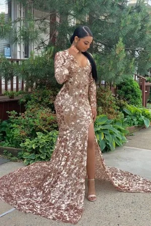 Gorgeous rose gold mermaid long sleeve prom dress