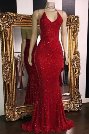 red glitter spaghetti straps mermaid prom dress