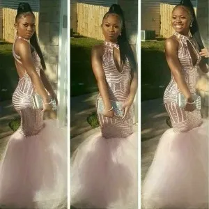 rose gold sequin tulle cut out trumpet prom gown