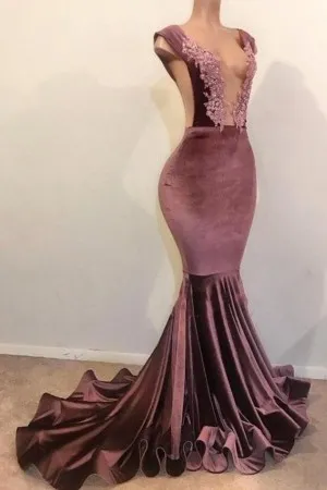 cap sleeve lace appliqued mauve velvet prom dress