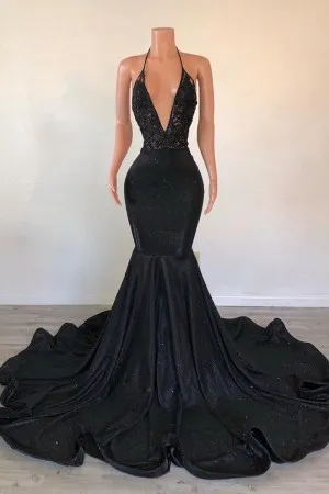 black lace glossy fabric halter trumpet prom dress