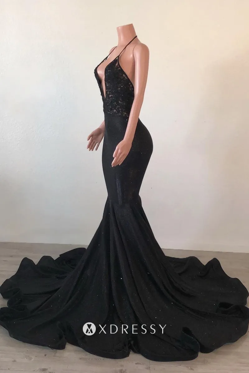 black lace glossy fabric halter trumpet prom dress with long train