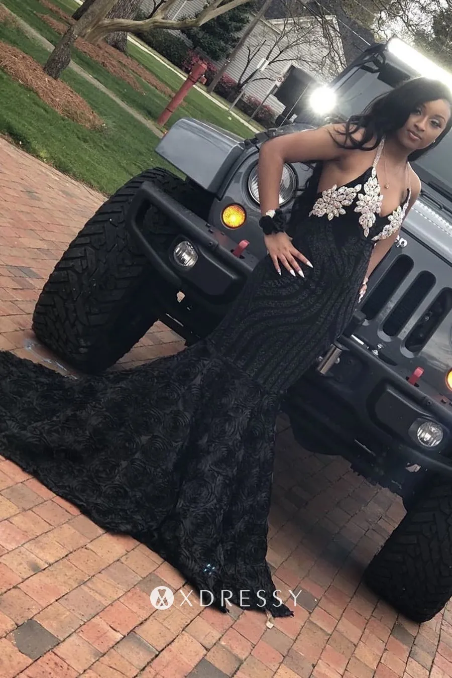 V neck beaded black 3D rose trumpet long train prom dress V neck beaded black 3D rose trumpet long train prom dress