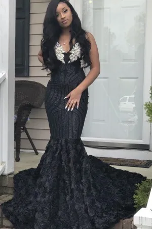 beaded black 3D rose trumpet long train prom dress