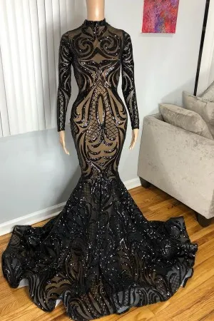 sparkly black sequin long sleeve trumpet prom gown