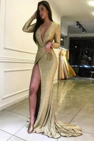 thigh high slit shiny champagne mermaid prom dress