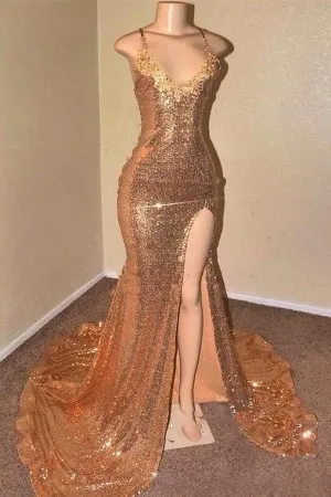 gold sequin V neck high split mermaid prom dress