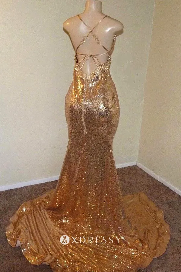 low back gold sequin high split mermaid prom dress