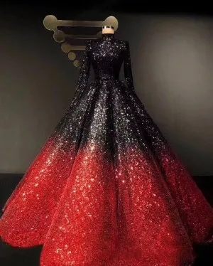black to red sequin long sleeve formal ball gown