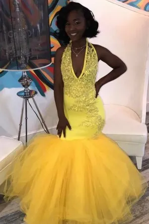 yellow lace tulle drop waist trumpet prom dress