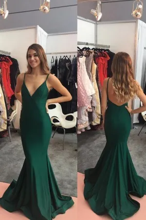 dark green spandex V neck low back mermaid long prom dress