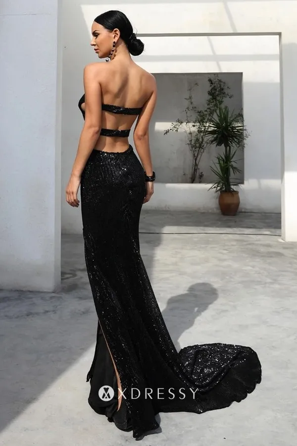low back black sequin strapless high slit prom gown low back black sequin strapless high slit prom gown