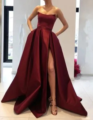 strapless high slit burgundy satin long prom dress