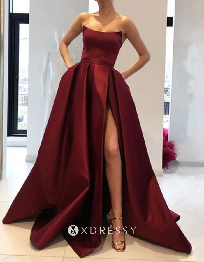 strapless high slit burgundy satin long prom dress